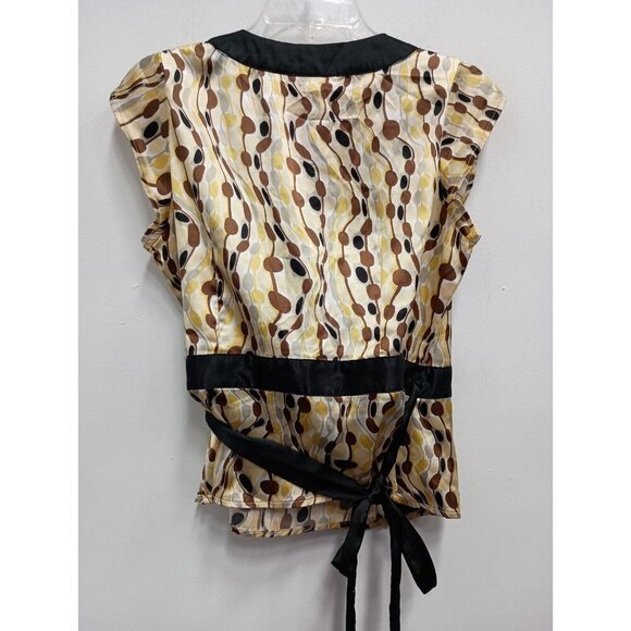 BCBGMaxazria Womens Wrap Blouse Size Medium Yellow Brown Abstract Satin Top - Picture 8 of 9